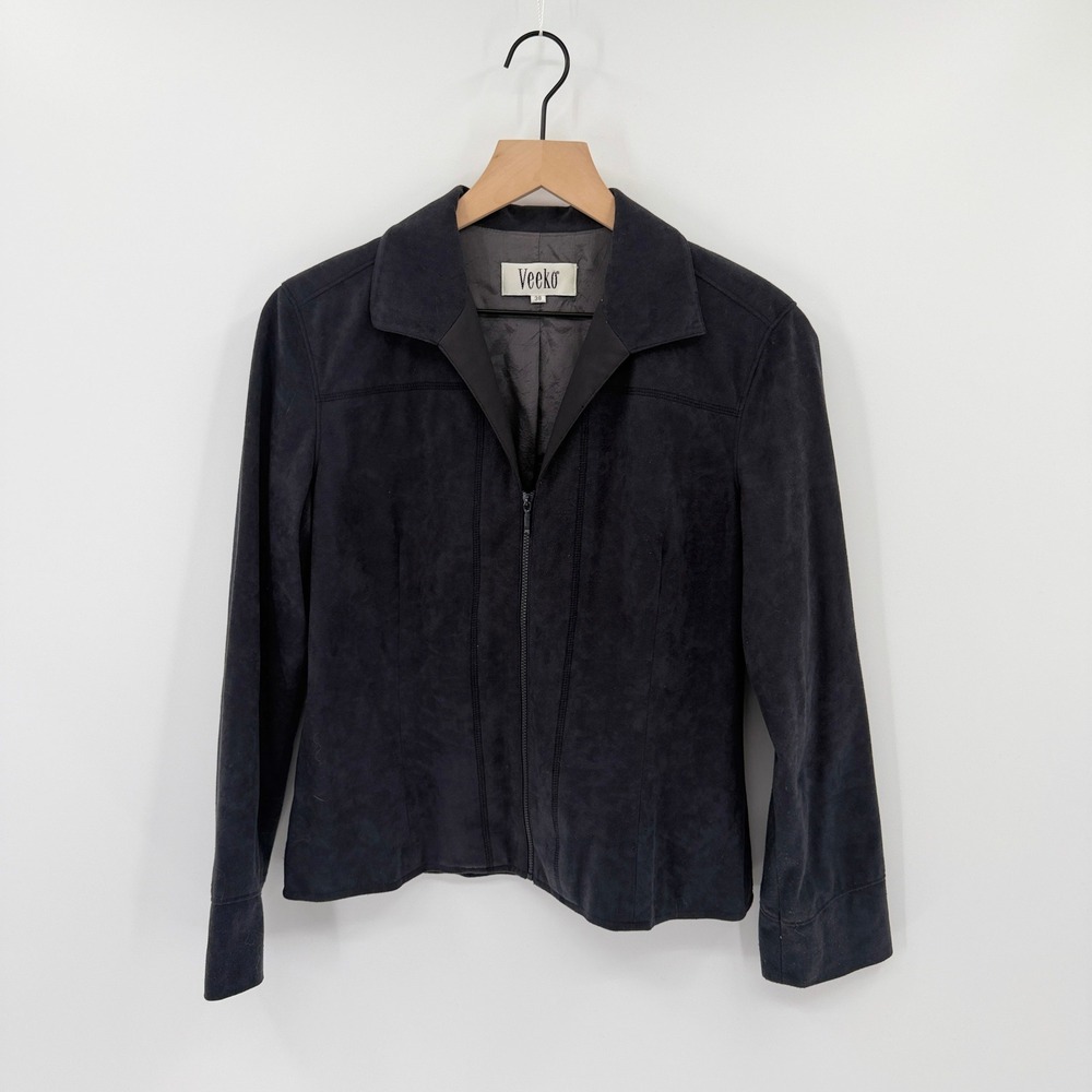 Vtg Y2K Faux Suede Black Zip Up Jacket EU38/US 8 Minimalist Goth Dark Academia